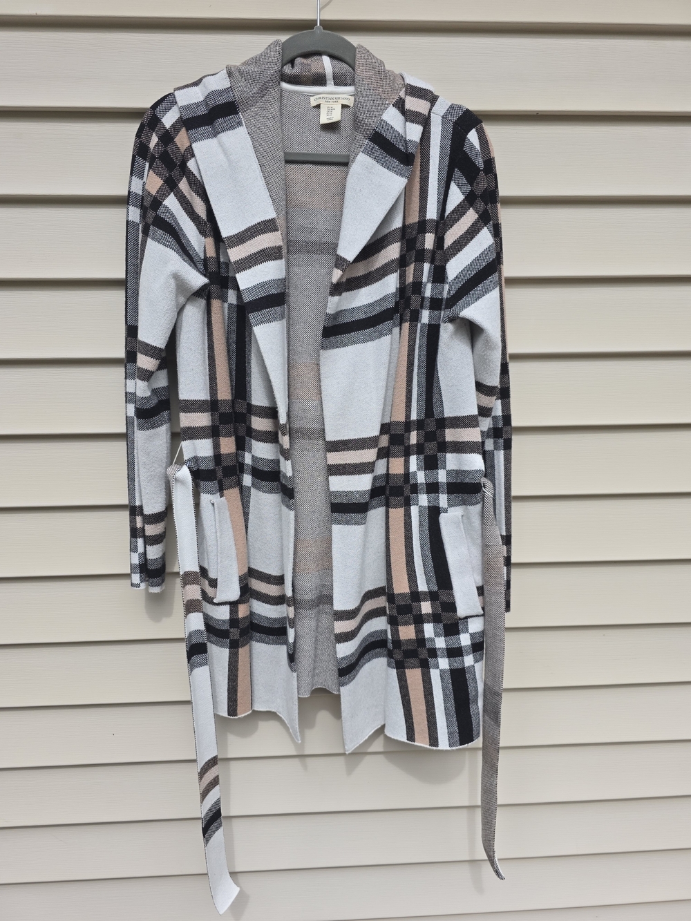 Christian Siriano Plaid Hooded Belted Cardigan in Gray, Black & Brown - Picture 2 of 5